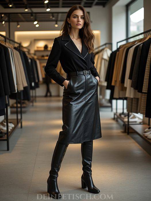 Elegantes Outfit mit Lederstiefeln und glänzenden Modeelementen zwischen Alltagsmode und Fetischmode